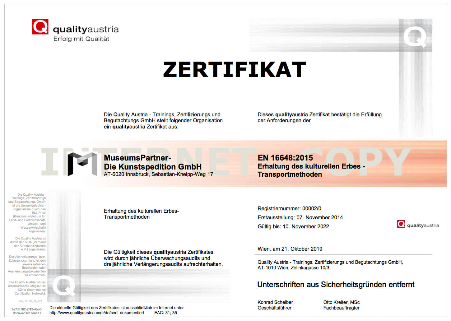 Zertifikat Quality Austria - deutsche Version